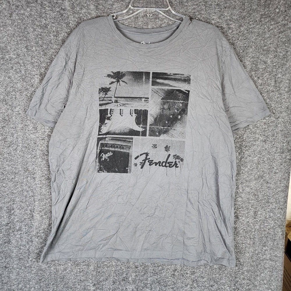 Fender T-Shirt Mens XXL Graphic Tee Gray Beach Guitar Music EUC